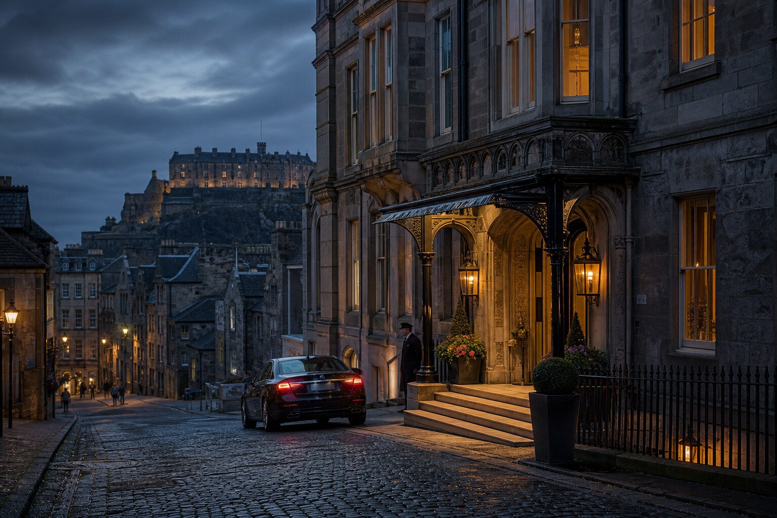Edinburgh Castle View Hotel on a historic stone street at dusk